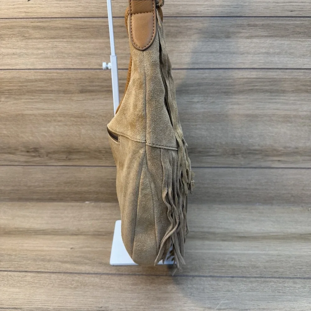 Vilenca Holland Light Brown Suede Leather Fringe Hobo Bag Boho Festival Western